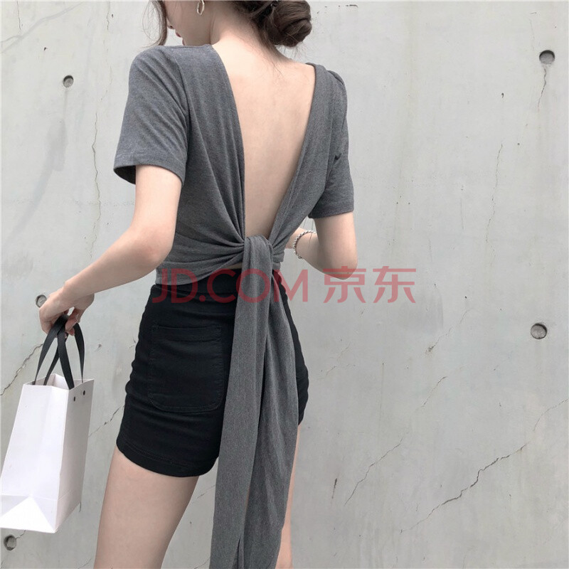 新品后背小心机露背上衣女爵士性感衣服镂空暴露漏背设计感短款t恤