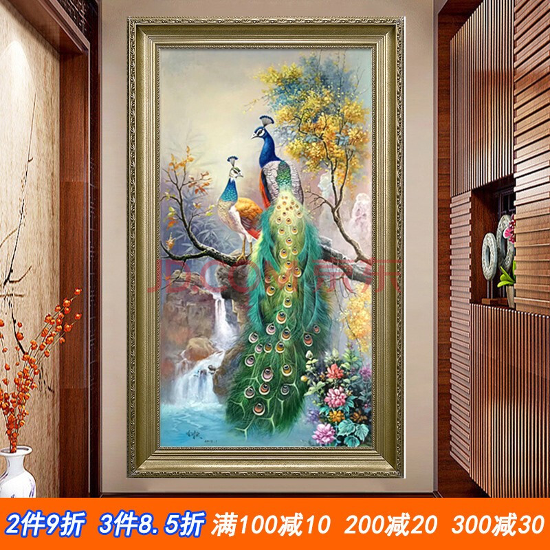 2021新款5d钻石画满钻欧式客厅竖版情侣孔雀贴钻十字绣玄关砖石画