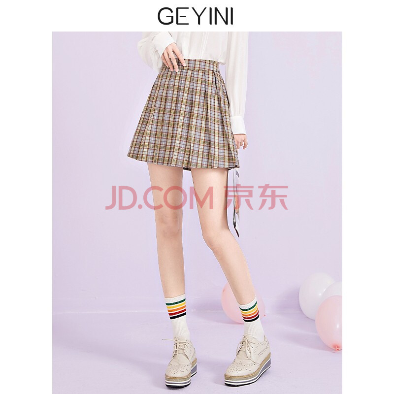 商品名称:歌依妮2021秋季新款高腰显瘦a字短裙半裙百褶裙伞裙格子半身