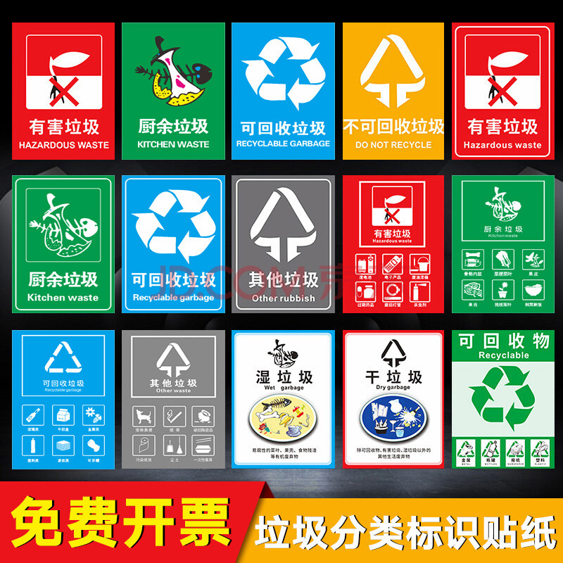 2021新款 垃圾分类标识牌可回收不可回收垃圾桶分类贴纸有害易腐厨余