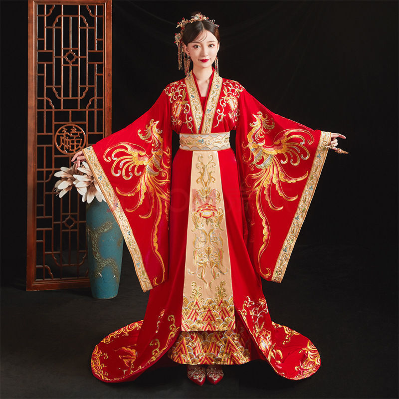 2021汉式婚服结婚中式婚礼古代婚纱凤冠霞帔周制汉服拖尾刺绣古装嫁衣