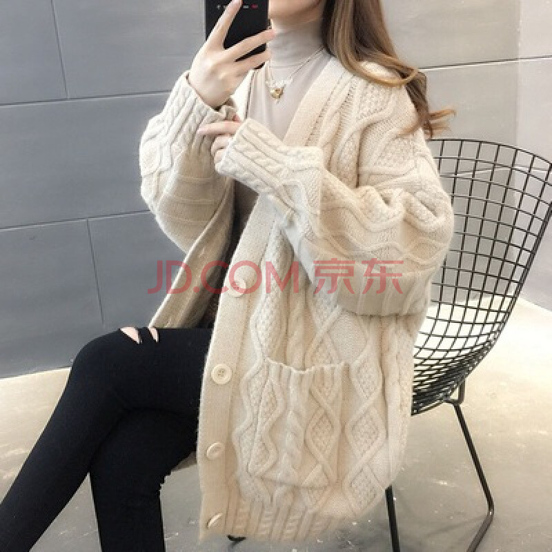 款秋冬新款韩版外穿慵懒风加厚针织衫外套女式女生显瘦毛线衣米白色m