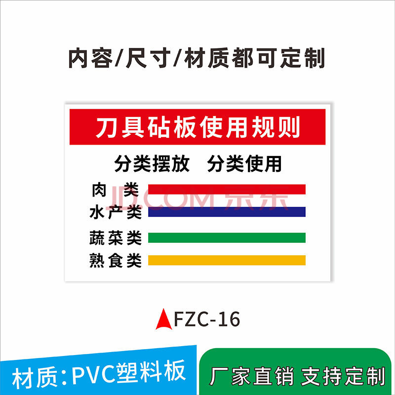 刀具砧板使用规则分类标识牌学校幼儿园食堂厨房餐饮服务切配工具色标