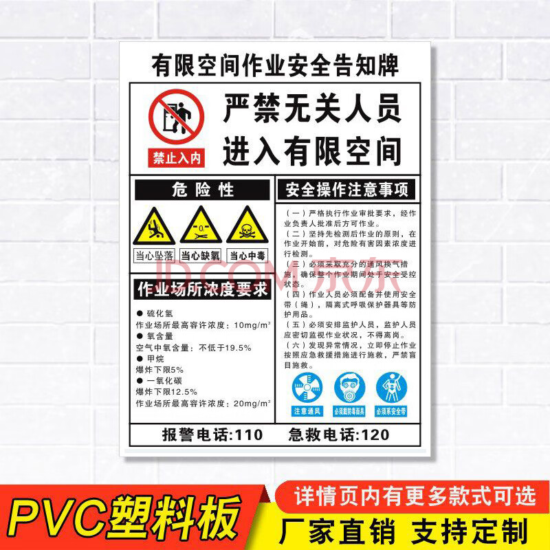 有限空间作业安全告知牌警示牌受限空间危险作业告知卡标识牌子告示牌