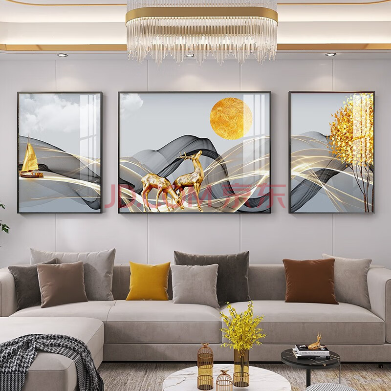 客厅装饰画创意麋鹿沙发背景墙挂画北欧抽象餐厅三联画墙面壁画 金鹿