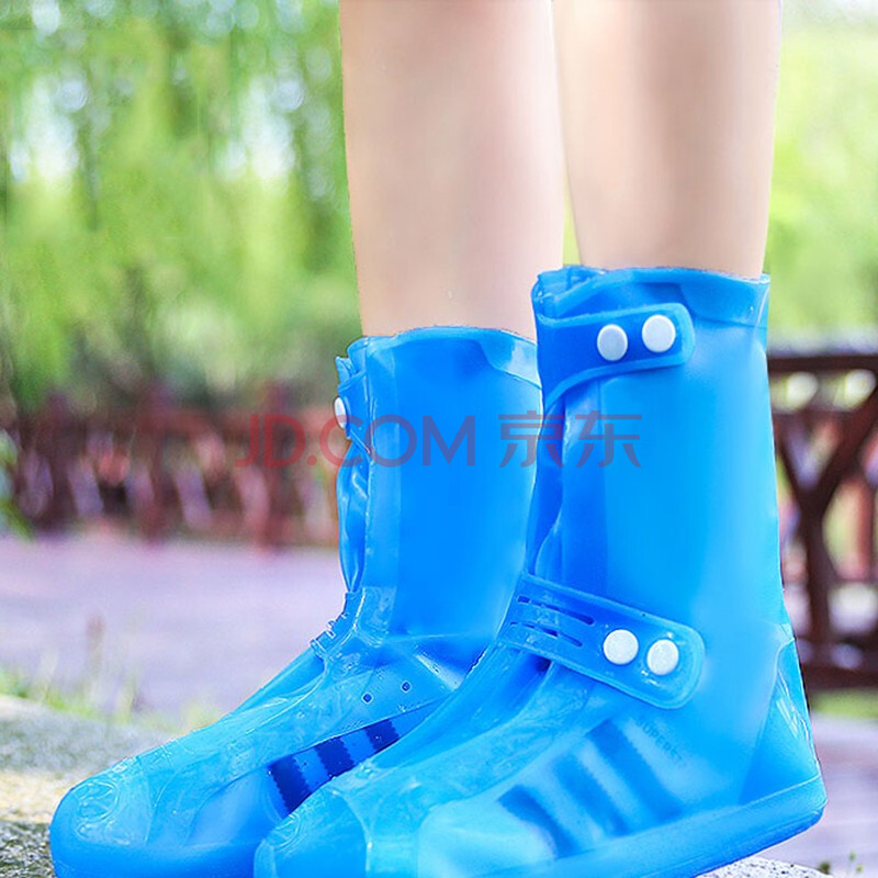 下雨天防雨加厚耐磨鞋套成人户外旅游可折叠易携带雨靴套 蓝色(高筒)