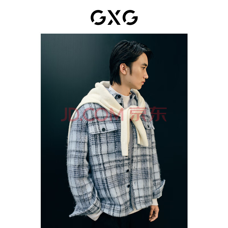 GXG男装 商场同款蓝格纹清新简约短大衣 23年冬季新款GEX10626984 蓝格 180/XL