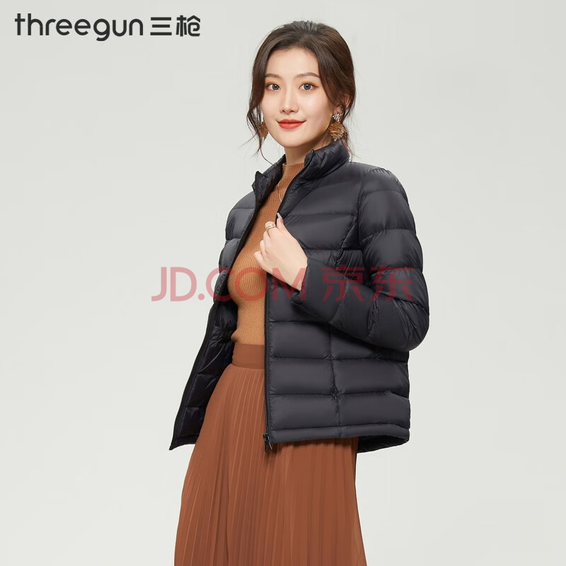 三枪女装秋冬款立领纯色轻薄休闲修身短款轻便羽绒服外套 黑色 xl