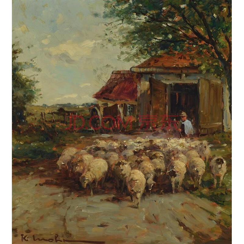 [全球拍] 1886年库尔特莫尔油画牧羊人的羊群