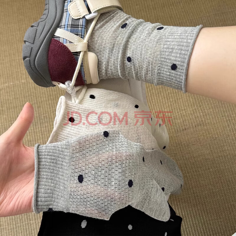 莫代尔4双夏天薄款中筒女袜简约纯色波点袜网眼卷边镂空透气吸汗堆堆女