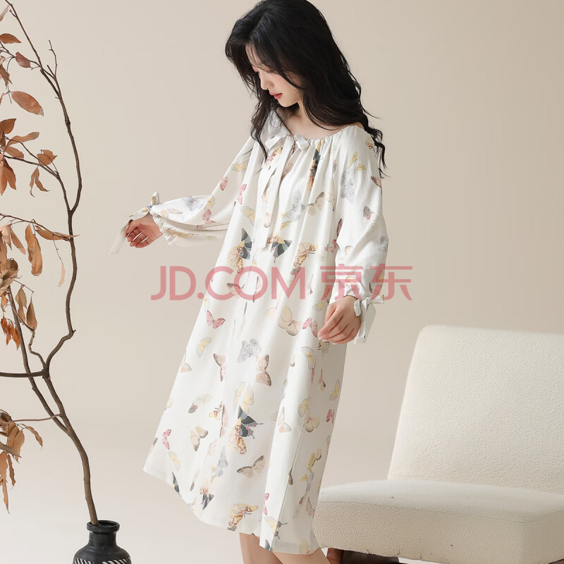 猫人睡衣女女士绑带蝴蝶花纹透气舒适睡裙可外穿 杏色 XL