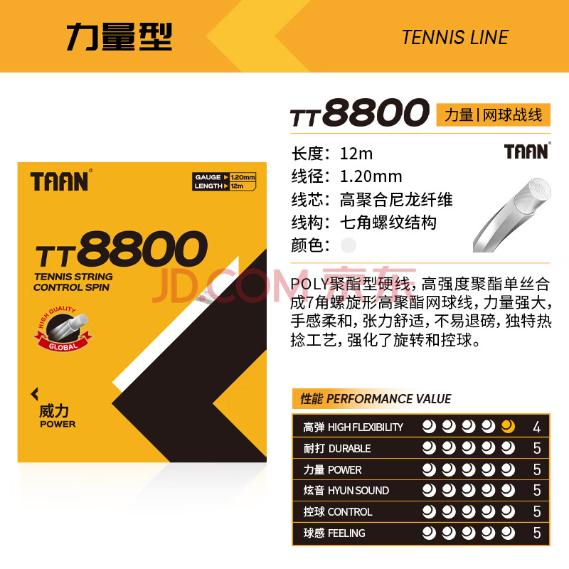 TAAN泰昂网球线舒适旋球圆柱硬线耐打控球网球战线球线TT8800单卡装 白色-单卡装-TT8800