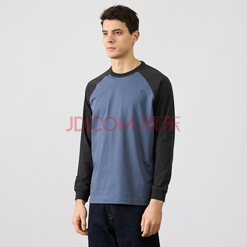 SIMWOOD/简木男装【标准宽松】240g sorona 插肩袖圆领长袖T恤男SN120061 牛仔蓝配碳黑 2XL建议161-180斤