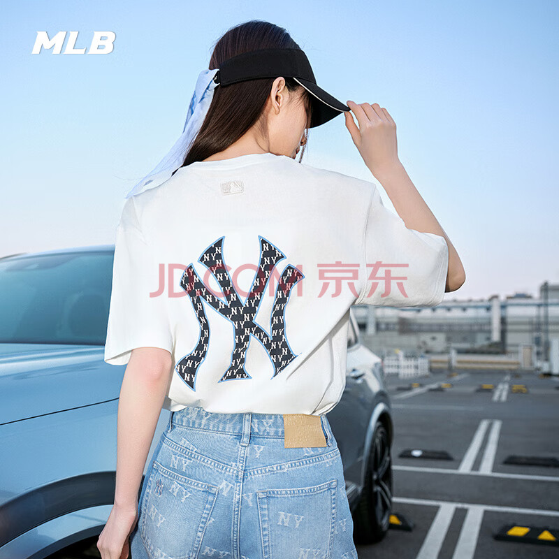 MLB官方 男女情侣背标老花大LOGO短袖休闲圆领T恤25夏季新款TSM06 纽约洋基队/象牙色 L