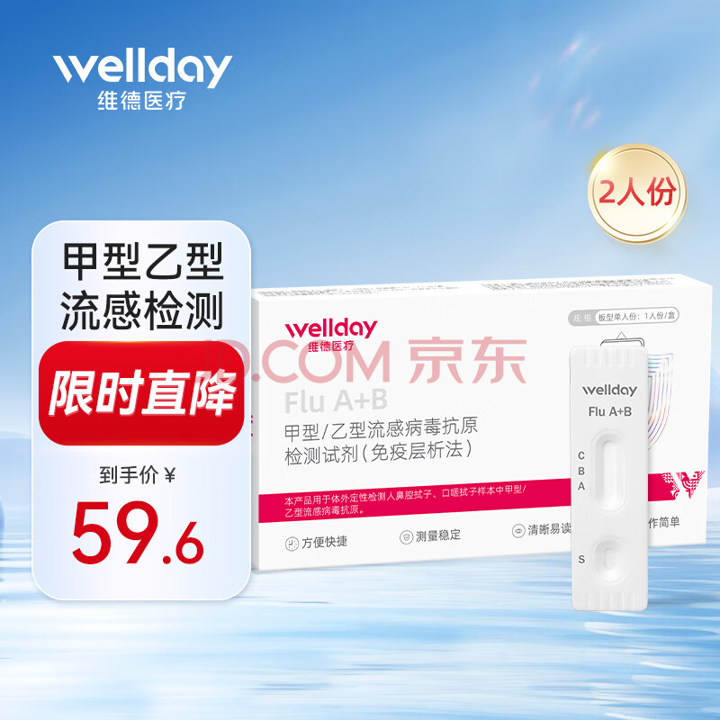 维德（WELLDAY）甲流乙流感病毒检测试剂盒鼻塞咽痛感冒发热老人儿童可测 【流感抗原检测】甲型/乙型  2人份
