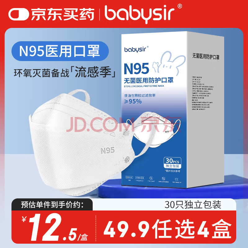 Babysir 一次性医用防护口罩N95口罩灭菌级独立包装无菌三层防尘防护防晒口罩n95亲肤透气白色30只装