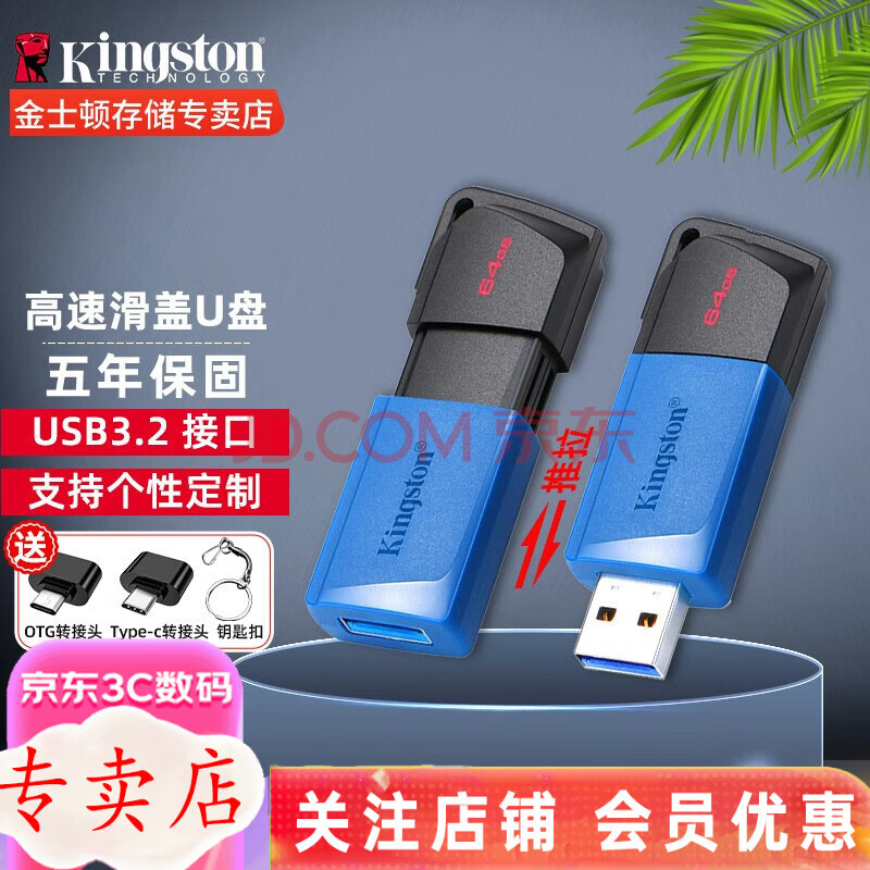 金士顿（Kingston）u盘滑盖设计 DTXM USB 3.2  DT100G3 高速定制优盘创意U盘 DTXM 64G【双转接头+钥匙扣】