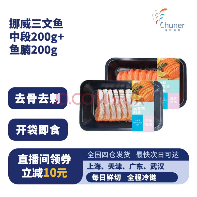 纯尔挪威三文鱼可生食刺身200g背部 + 200g鱼腩 净重400g 源头直发