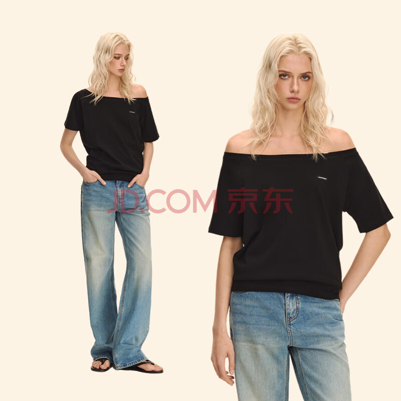 CLIMAX VISION慵懒松弛感斜肩一字肩堆叠两穿短袖T恤宽松半袖休闲上衣 经典黑 S