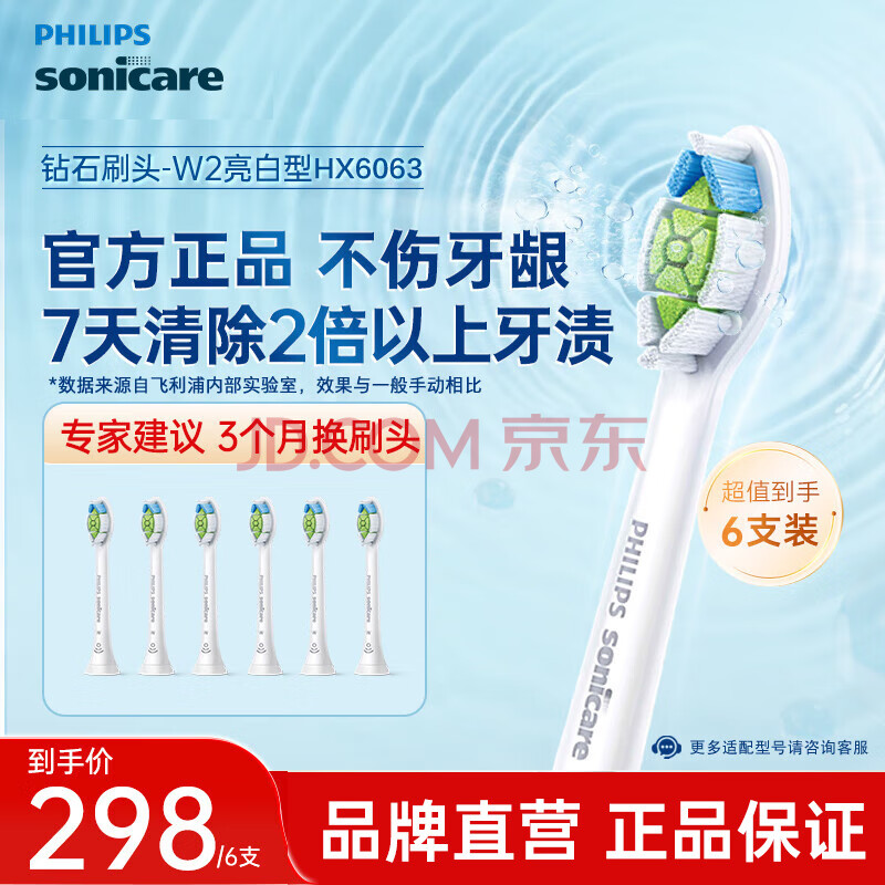 飞利浦（PHILIPS）电动牙刷头 钻石亮白型牙刷头 适配HX9352HX9362HX9332HX9372 6支 装钻石亮白HX6063/67白色