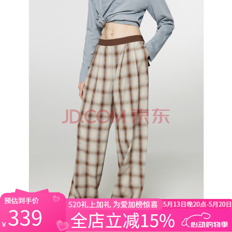 付智恩 拼凑街角 定染格纹复古休闲裤女松紧腰直筒阔腿长裤春新款 蓝格 S