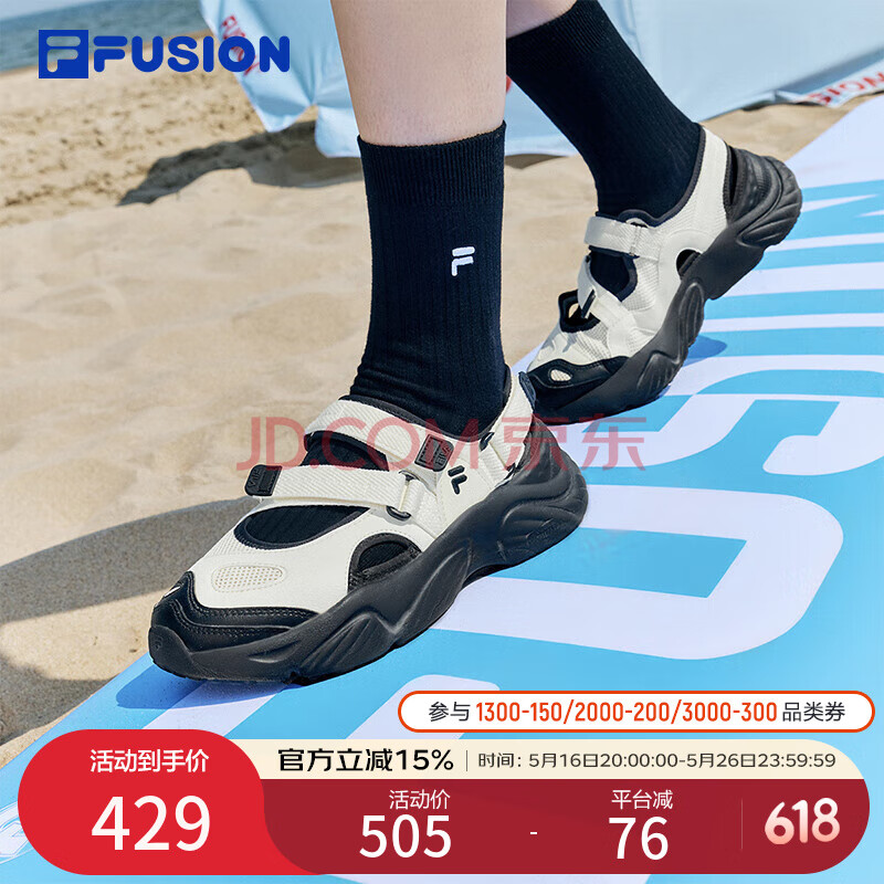 FILA FUSION斐乐玛丽珍凉鞋女鞋夏凉拖魔术贴海螺沙滩鞋子 微白/黑-WB 38.5