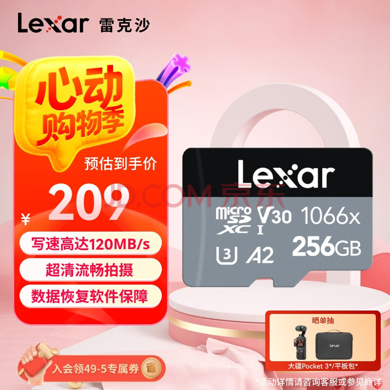 雷克沙（Lexar）256GB TF（MicroSD）存储卡 V30 A2 读160MB/s 无人机运动相机内存卡 4K超清（1066x）