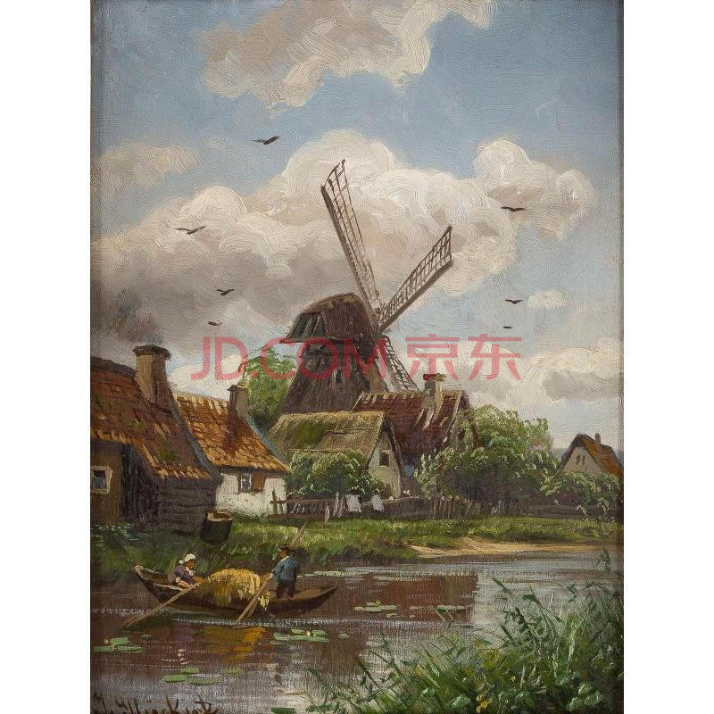 [全球拍] 二十世纪油画风车在河上