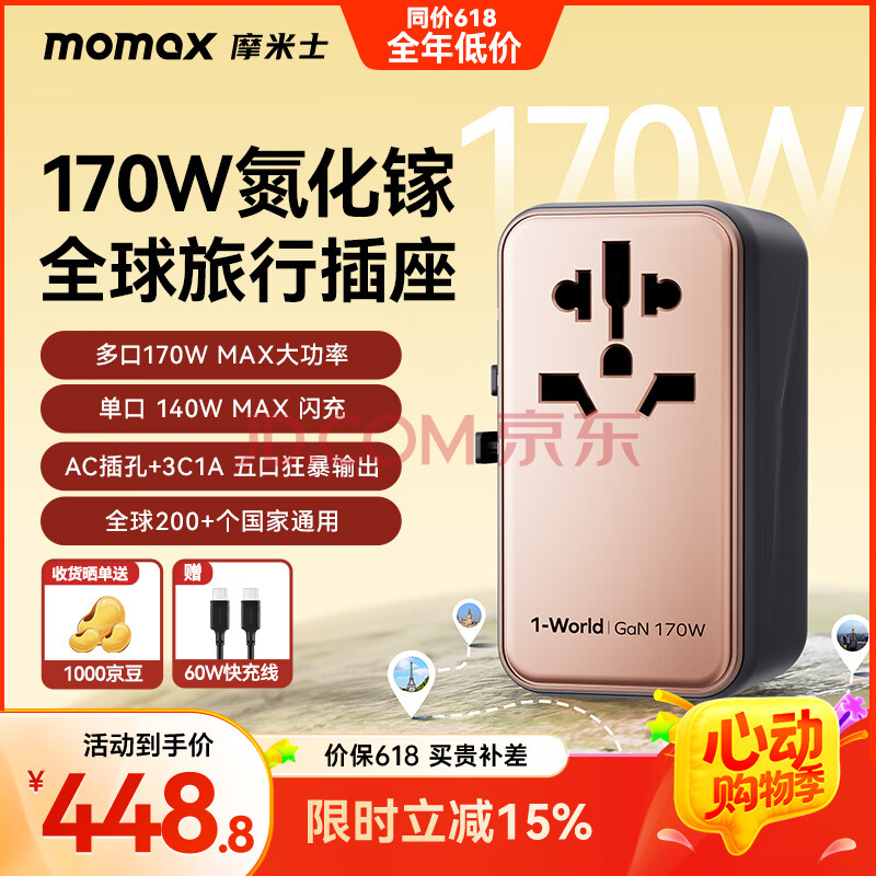 摩米士（MOMAX）170W快充氮化镓五口旅行转换插头全球通用电源转换器插座英标欧标美标澳标3C1A金色