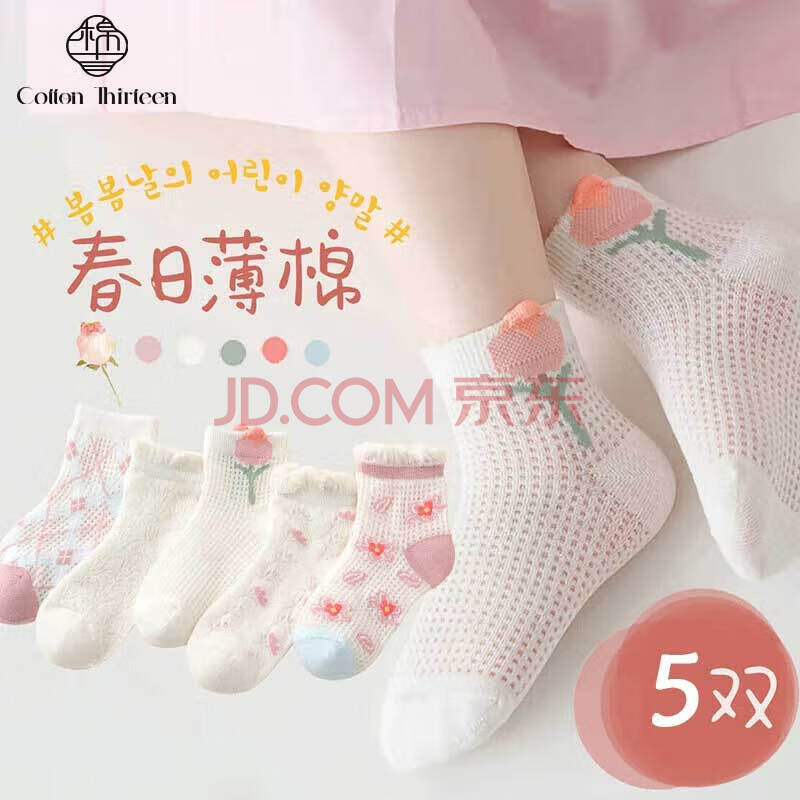 棉十三儿童袜子女童精梳棉网眼夏季薄款女孩短袜宝宝花边公主童袜5双装 【女宝一】混色 5双 3-5岁 (M) 22-26码