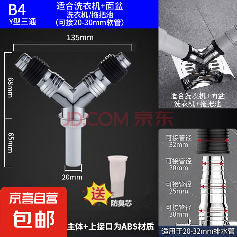 洗衣机下水管地漏防臭内芯器过滤网卫生间通用封闭盖三通接头浴室专用防溢水盖子圆形二合一两用 电镀Y通+防溢管+防臭芯