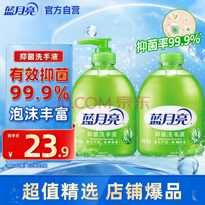 蓝月亮芦荟健康抑菌99.9%洗手液泡沫丰富滋润500g+洗手液补充装500g		