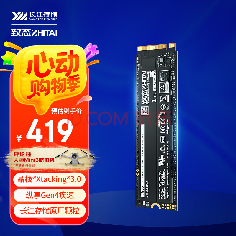致态（ZhiTai）长江存储 1TB SSD固态硬盘 NVMe M.2接口 Ti600系列 (PCIe 4.0 产品)