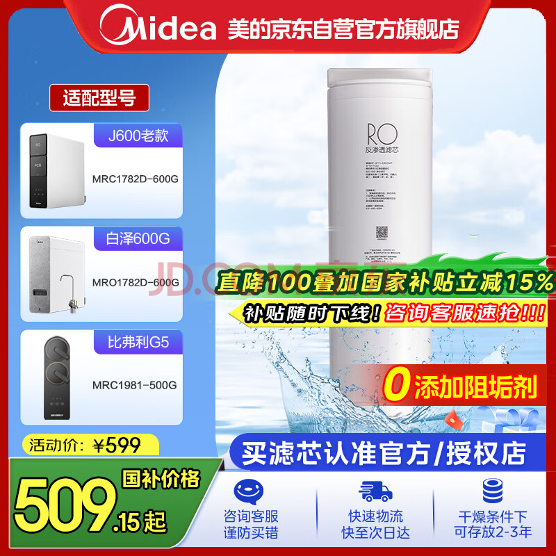 美的净水器0阻垢剂滤芯适用MRC1782D-600G老款 、MRO1782D-600G、MRC1981-500G-Best双芯系列-RO