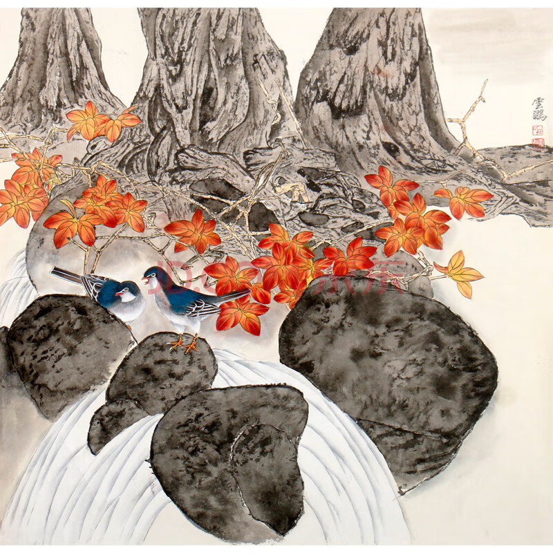 当代著名工笔画家 中国美术家协会会员 田云鹏《红叶双禽》