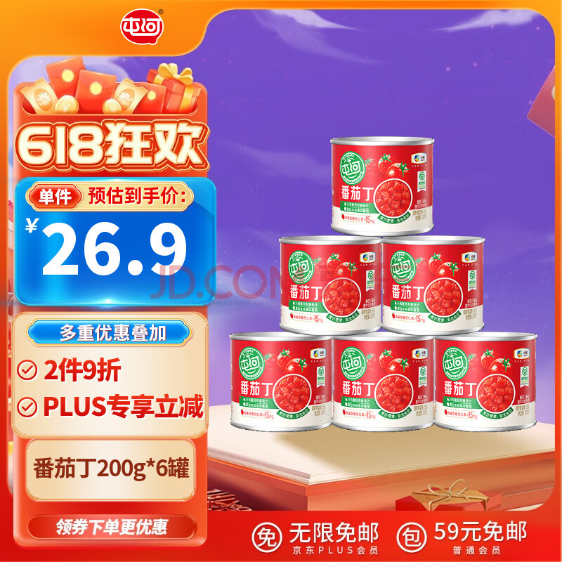 屯河 番茄丁200g*6 0添加剂新疆内蒙番茄罐头西红柿番茄酱24年8月新货