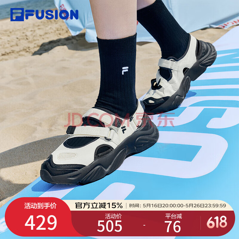 FILA FUSION斐乐玛丽珍凉鞋女鞋夏凉拖魔术贴海螺沙滩鞋子 微白/黑-WB 38.5