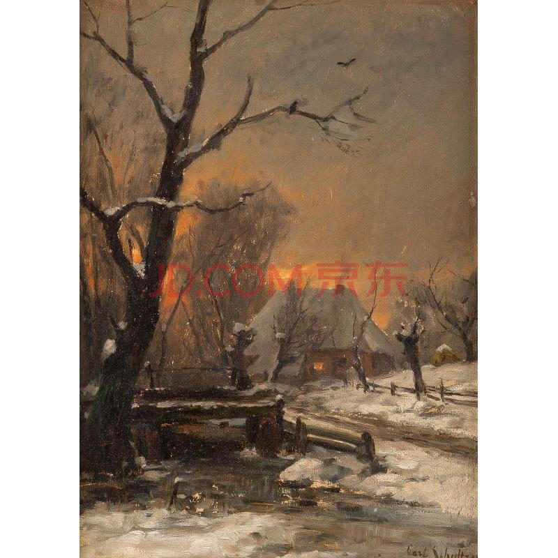 [全球拍] 二十世纪油画农舍在寒冷的傍晚的阳光下
