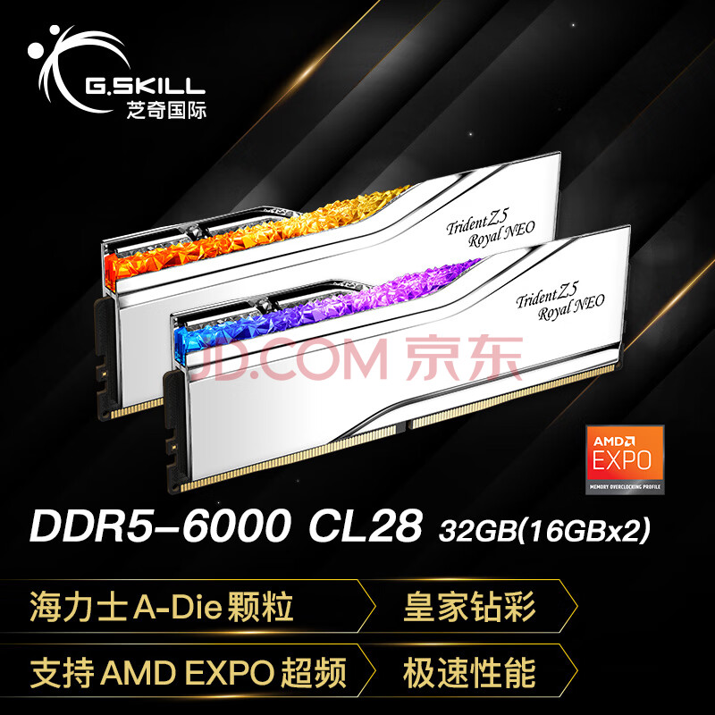 G.SKILL芝奇（G.SKILL）32GB(16Gx2)套装 DDR5 6000频率 台式机内存条-皇家戟EXPO版RGB灯条-银色/C28