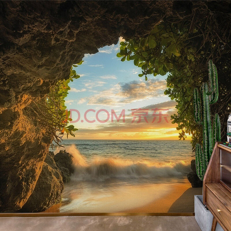 视觉延伸墙纸大自然风景3d立体大海山洞壁纸餐厅卧室酒店背景壁画