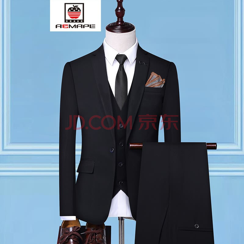 aemape 西服男套装三件套新郎结婚礼服黑色西装修身韩版伴郎男士西装