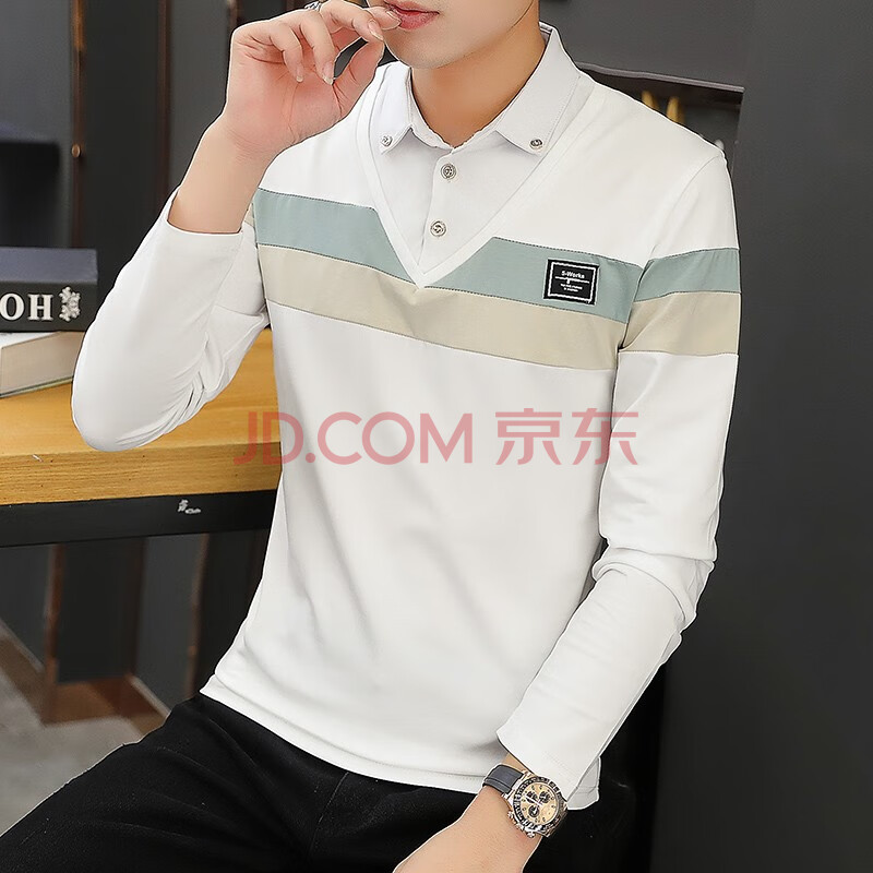 费洛仕棉线假两件套装上衣服男长袖带领秋动季韩版潮流有领修身t恤