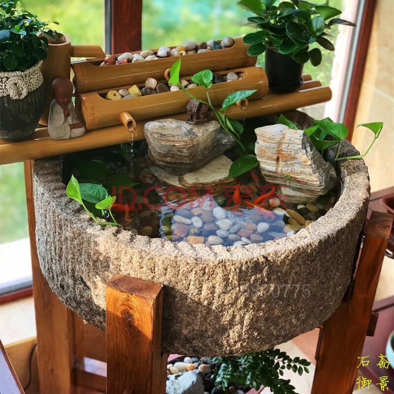 老石槽鱼缸石头水槽石磨流水缸养鱼室内循环加湿竹子阳台客厅小型景观