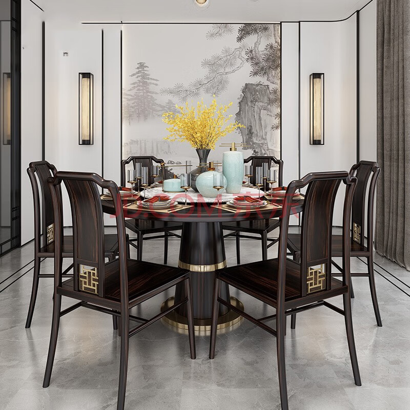 新中式实木圆餐桌椅组合现代简约轻奢转盘大理石餐厅檀木家具定制
