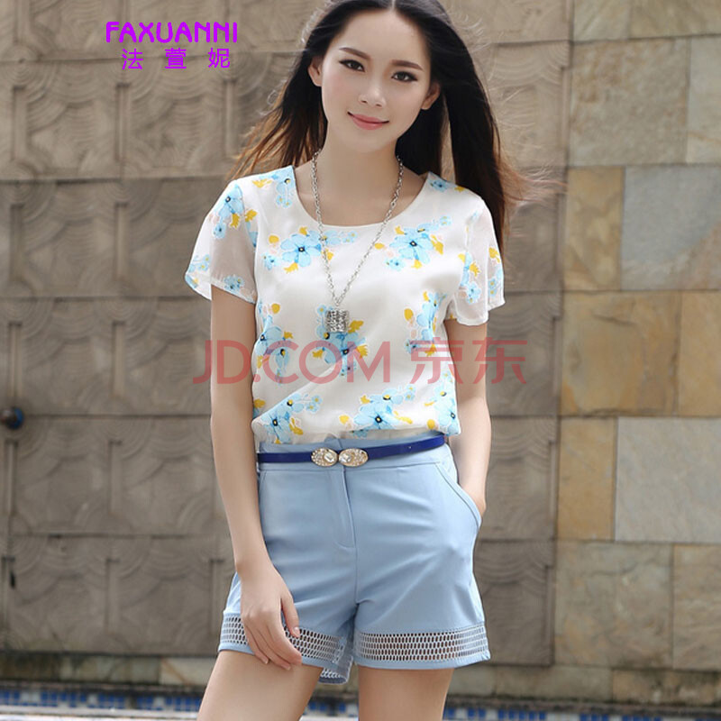 2015夏装假两件女裙摆上衣荷叶边短款雪纺衫漏肩短袖套装8806# 天蓝色