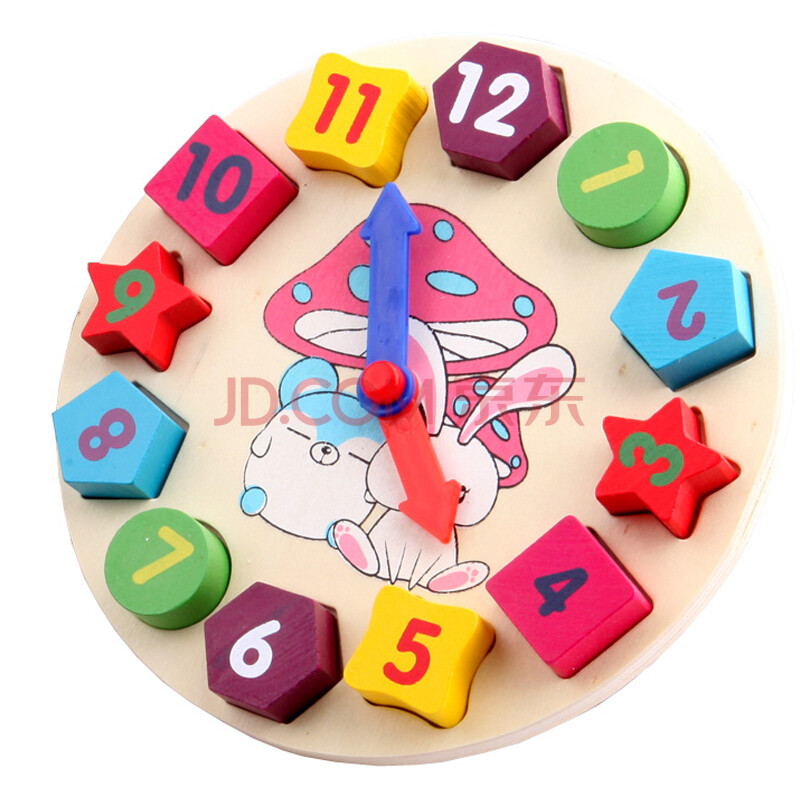 木制积木时钟认知玩具宝宝卡通数字拼图钟表形状配对