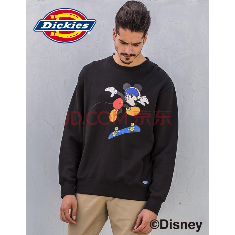 Dickies&Mickey MouseºÏ×÷ÄÐŮͬ¿î ×¥ÈÞÓ¡»¨Ô²ÁìÎÀÒÂ173U30MK03 BKºÚÉ« M/170