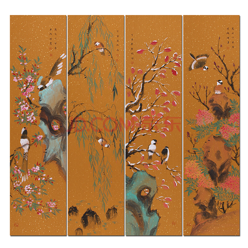 带合影 河南省花鸟画研究会理事 房殿辉《春夏秋冬花鸟四条屏》
