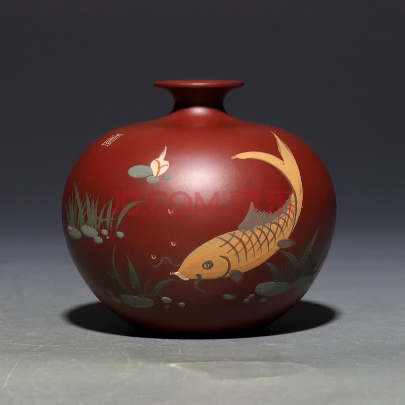 玉颐阁 新品宜兴紫砂花瓶 茶盘摆件朱泥小花瓶 泥绘大肚小花瓶 矮颈