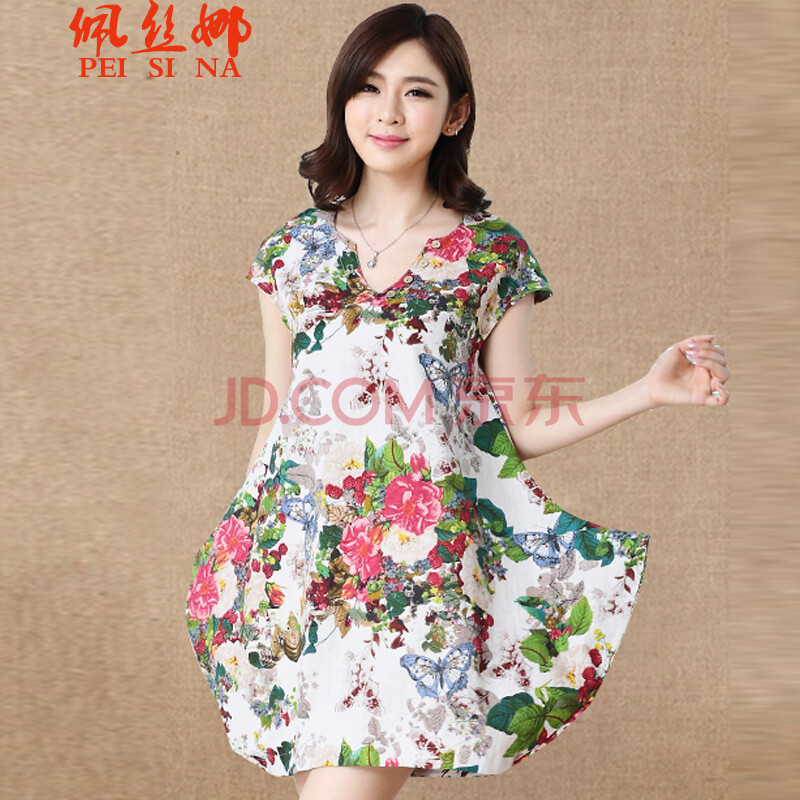 2015新款年夏装大码女装v领亚麻短袖连衣裙显瘦棉麻印花裙 巧克力色